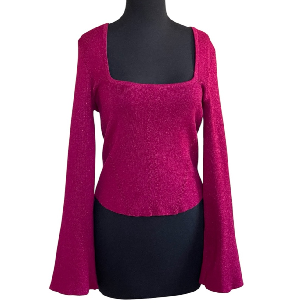 Maeve by Anthropologie Raspberry Pink Square Neck Sweater Sz M Long Bell Sleeves